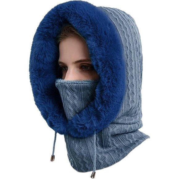 Women Navy Polyester Warm Thick Fluff Beanie Adult Neck Face Winter Balaclava - Picture 2 of 7